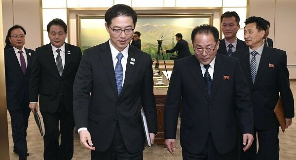 South Korean Vice Unification Minister Chun Hae-sung, center left, and the head of North Korean delegation Jon Jong Su leave after a meeting at Panmunjom in the Demilitarized Zone in Paju, South Korea. South Korean Vice Unification Minister Chun Hae-sung, center left, and the head of North Korean delegation Jon Jong Su leave after a meeting at Panmunjom in the Demilitarized Zone in Paju, South Korea.