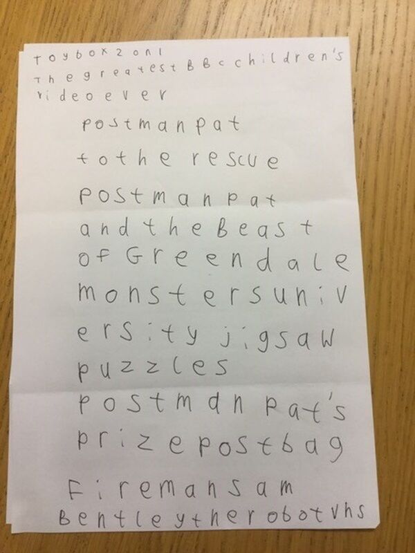Thomas' Christmas present list.