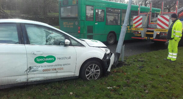 Picture from Liverpool City Council showing a Specsavers vehicle after it collided Tuesday with a lamppost. Photos: Liverpool City Council /PA Wire Picture from Liverpool City Council showing a Specsavers vehicle after it collided Tuesday with a lamppost. Photos: Liverpool City Council /PA Wire