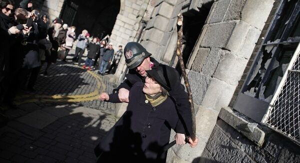 To mark the centenary of women getting the vote in Ireland, Micheline Sheehy Skeffington, the granddaughter of Irish suffragette Hanna Sheehy Skeffington, re-enacted her grandmother smashing the windows of Dublin Castle to highlight women’s disenfranchisement. Picture: Julien Behal