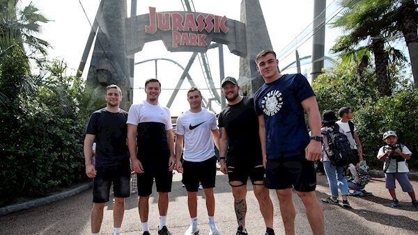 Jack Carty, Jacob Stockdale, Jordan Larmour, Andrew Porter and Garry Ringrose outside Jurassic Park ©INPHO/Dan Sheridan