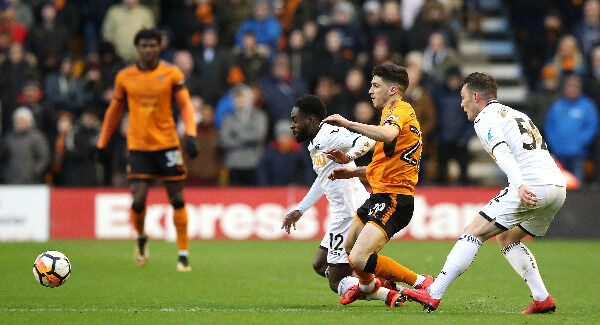 Goncalo Ruben Vinagre (right) fouls Nathan Dyer (left) resulting in a red card. Pic: Nick Potts/PA Wire Goncalo Ruben Vinagre (right) fouls Nathan Dyer (left) resulting in a red card. Pic: Nick Potts/PA Wire