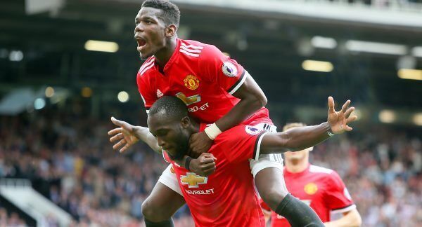 Paul Pogba celebrates with Romelu Lukaku