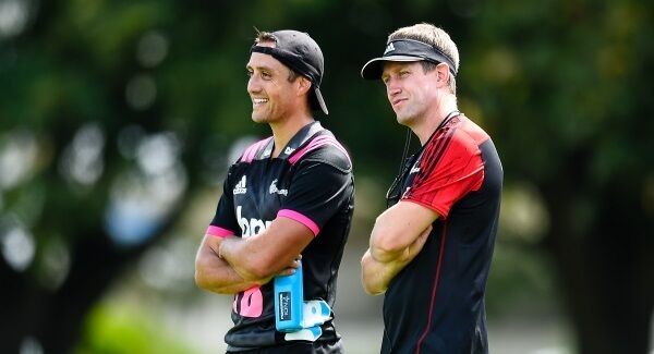 Crusaders Squad Training, Rugby Park, Christchurch, Tim Tim Bateman and assistant coach Ronan O'Gara. Photo Credit: &copy;INPHO/Photosport/John Davidson