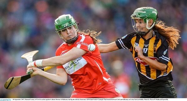 Hannah Looney of Cork in action against Collette Dormer of Kilkenny during the Liberty Insurance All-Ireland Senior&nbsp;Camogie&nbsp;Final match between Cork and Kilkenny at Croke Park in Dublin. Photo by Piaras &Oacute; M&iacute;dheach/Sportsfile