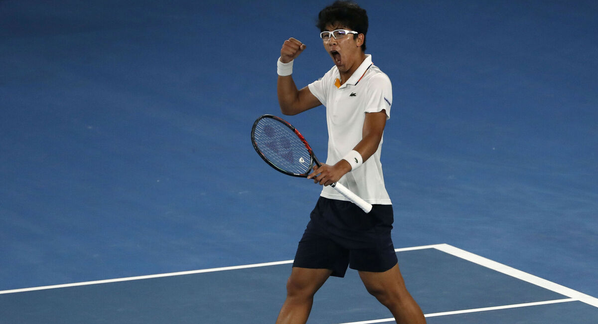 Chung Hyeon reacts after winning a point against Serbia’s Novak Djokovic. (AP Photo/Ng Han Guan) Chung Hyeon reacts after winning a point against Serbia’s Novak Djokovic. (AP Photo/Ng Han Guan)