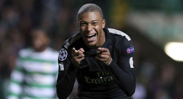 PSG&rsquo;s Kylian Mbappe celebrates after scoring his side&rsquo;s 2nd goal at Celtic Park. AP Photo/Scott Heppell