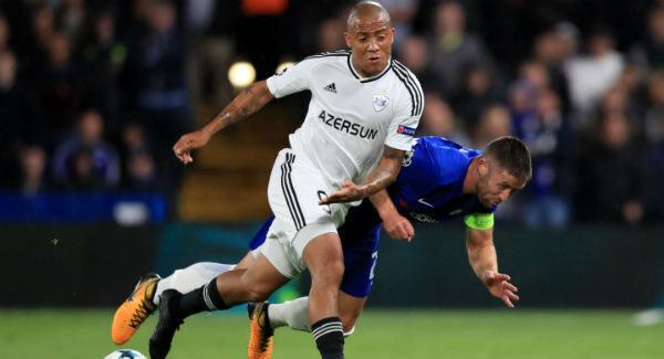 Chelsea&rsquo;s Gary Cahill reacts to a challenge from Qarabag&rsquo;s Dino Ndlovu at Stamford Bridge. Photo: John Walton/PA