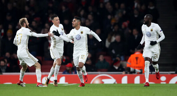 Östersunds FK's Hosam Aiesh (centre right) celebrates scoring his side's first goal. Pic: Adam Davy/PA Wire