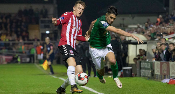Cork City's Shane Griffin with Ronan Curtis of Derry City. Pic: INPHO/Morgan Treacy