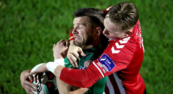 Cork City’s Steven Beattie and Ronan Curtis of Derry contest a ball. Pic: INPHO/Bryan Keane