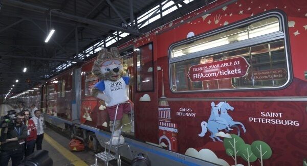The mascot of the 2018 World Cup, the wolf named Zabivaka, peers out of the metro train branded for the 2018 World Cup during a ceremony in Moscow. (AP Photo/Ivan Sekretarev) The mascot of the 2018 World Cup, the wolf named Zabivaka, peers out of the metro train branded for the 2018 World Cup during a ceremony in Moscow. (AP Photo/Ivan Sekretarev)