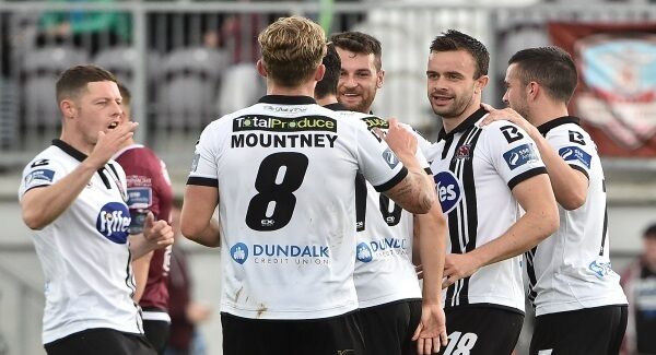 Robbie Benson, second from right, of Dundalk celebrate after scoring his side’s second goal with teammates Shane Grimes and John Mountney. Picture: David Maher/Sportsfile Robbie Benson, second from right, of Dundalk celebrate after scoring his side’s second goal with teammates Shane Grimes and John Mountney. Picture: David Maher/Sportsfile