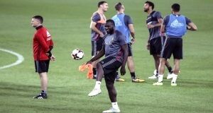 Belgium's Romelu Lukaku practices during a training session, one day ahead of their World Cup Group H qualifying soccer match