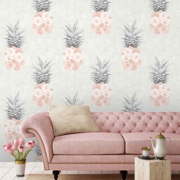 For a bedroom makeover the Ludic Blush wallpaper has a playful take on pineapple motifs in a novel pink and grey colourway (€80 p/roll at www.woodchipandmagnolia.co.uk). For a bedroom makeover the Ludic Blush wallpaper has a playful take on pineapple motifs in a novel pink and grey colourway (€80 p/roll at www.woodchipandmagnolia.co.uk).