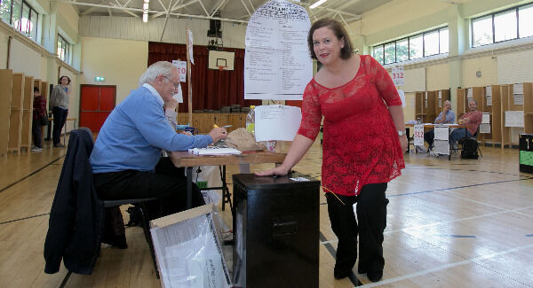 Sinn Fein leader Mary Lou McDonald TD casting her vote. Pic: Gareth Chaney Collins