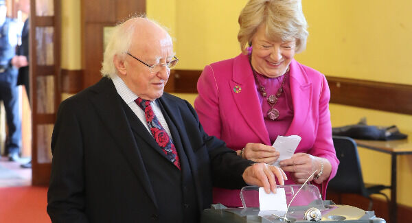 President Michael D Higgins and his wife Sabina cast their votes at the polling station in St Mary's Hospial, Pheonix Park, Dublin. Pic: Niall Carson/PA Wire