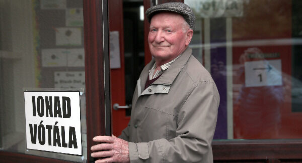 A man (name not given) arrives at the polling station in Knock National school, Mayo, as the country goes to the polls to vote in the referendum on the 8th Amendment. Pic: Brian Lawless/PA Wire