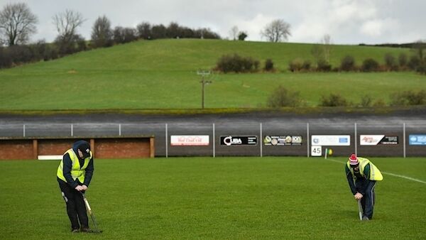 Groundsmen tend to the pitch the pitch prior to the Allianz Football League clash between Kerry and Tyrone. Picture: David Fitzgerald/Sportsfile