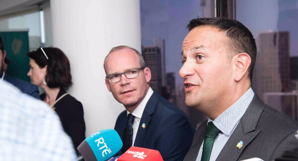 Leo Varadkar and Simon Coveney speaking in New York yesterday. Photo: Daniel McConnell.