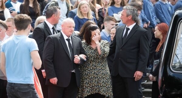 Family members and mourners at the funeral of Shay Moloney at Ennis Cathedral on Monday morning. Photograph by Eamon Ward.