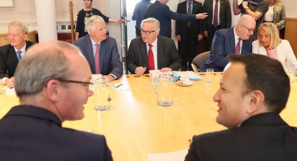 President of the European Commission, Jean-Claude Juncker (centre) and Michel Barnier, EU Chief Negotiator for Brexit (rear second left) during a meeting with Taoiseach, Leo Varadkar (bottom right) at Government Buildings. Pic: Brian Lawless/PA Wire