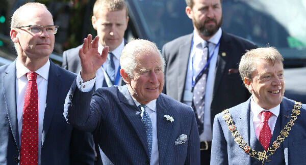 The Prince of Wales (centre) with Minister for Foreign Affairs Simon Coveney (left) and Lord Mayor of Cork Tony Fitzgerald. Picture: Brian Lawless/PA Wire