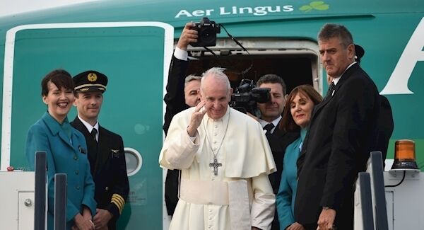 Pope Francis leaving on an Aer Lingus aircraft from Dublin Airport back to the Vatican putting an end to his visit to Ireland. Photo: Joe Giddens/PA