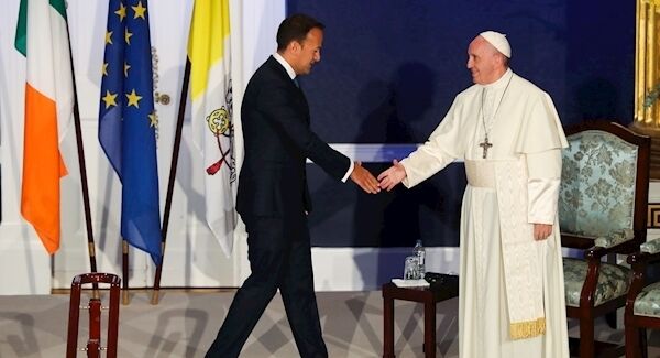 Pope Francis and Taoiseach Leo Varadkar shake hands at Dublin Castle. Picture: Maxwells