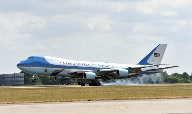 Air Force One touches down at Stansted Airport (Joe Giddens/PA)