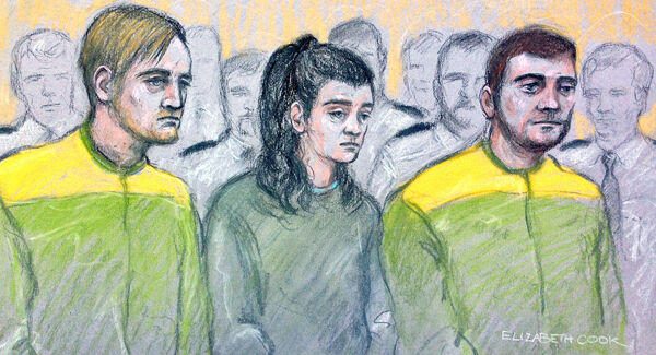 Court sketch of Zak Bolland, Courtney Brierley and David Worrall.