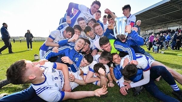 St Flannan's players celebrate with the Dr Harty Cup at Mallow GAA Complex. Photo by Seb Daly/Sportsfile
