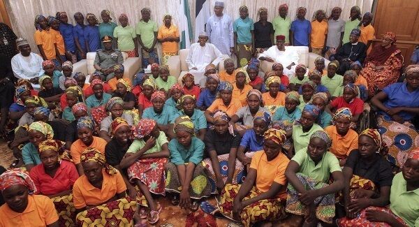 File photo of Nigerian President, Muhammadu Buhari, centre, meeting with Chibok school girls freed from Nigeria Extremist captivity in 2017. Pic: Bayo Omoboriowo/Nigeria State House via AP File photo of Nigerian President, Muhammadu Buhari, centre, meeting with Chibok school girls freed from Nigeria Extremist captivity in 2017. Pic: Bayo Omoboriowo/Nigeria State House via AP