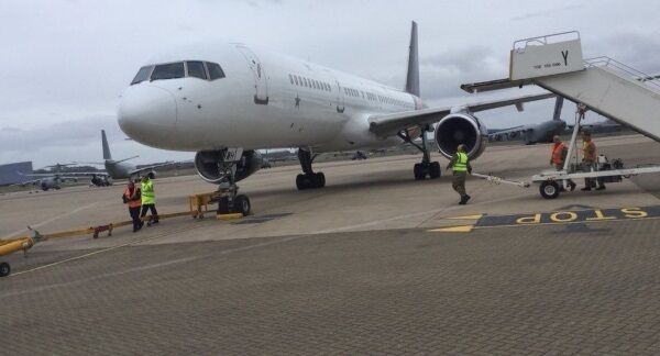 The charter flight from Moscow after landing at RAF Brize Norton carrying the British diplomats expelled from Moscow.