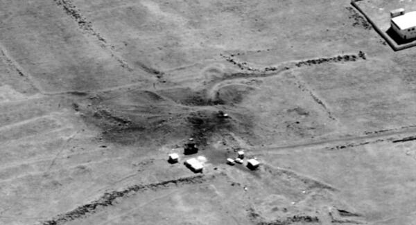 An image provided by the Department of Defense and presented at the Pentagon briefing on Saturday preliminary damage assessment from the Him Shinshar Chemical Weapons Bunker in Syria.