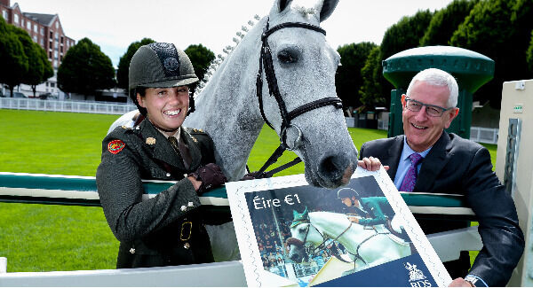 Irish Army Lieutenant, Jennifer Larkin, RDS Chief Executive Michael Duffy, and Tullybawn, launching the RDS stamps series today. Photo: Maxwells Dublin Irish Army Lieutenant, Jennifer Larkin, RDS Chief Executive Michael Duffy, and Tullybawn, launching the RDS stamps series today. Photo: Maxwells Dublin