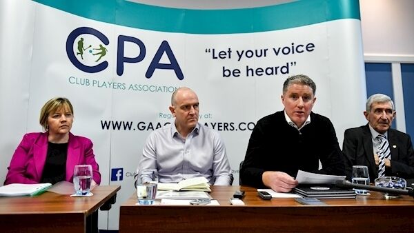 From left, Joan Kehoe, CPA Executive member, Michael Higgins, CPA Secretary, Michéal Briody, CPA Chairman, and Liam Griffin, CPA Executive member, during today's Club Players Association Press Conference. Pic: Sportsfile