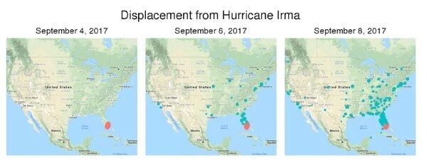 Visualizing the exodus of Miami-area residents in the days prior to Hurricane Irma’s landfall. Each dot represents an aggregate group of users within 0.5 latitude/longitude degrees, colored by evacuees (in blue) and non-evacuees (in red). Danae Metaxa and Paige Maas, CC BY-SA