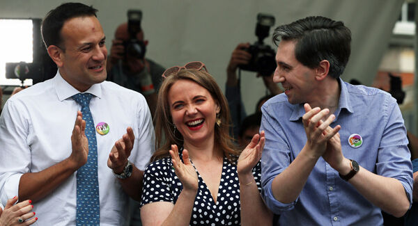 An Taoiseach Leo Varadkar (left), Minister for Health Simon Harris (right) and Senator Catherine Noone at Dublin Castle for the results of the referendum on the 8th Amendment. Pic: Brian Lawless/PA Wire.