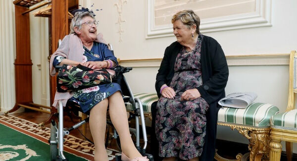 Dolores Cassely and Rose Harris, Dublin, at Áras an Uachtaráin, where President Michael D Higgins and Sabina Higgins hosted a historic gathering of over 220 women who worked in the Magdalene Laundries. Pic: Maxwells
