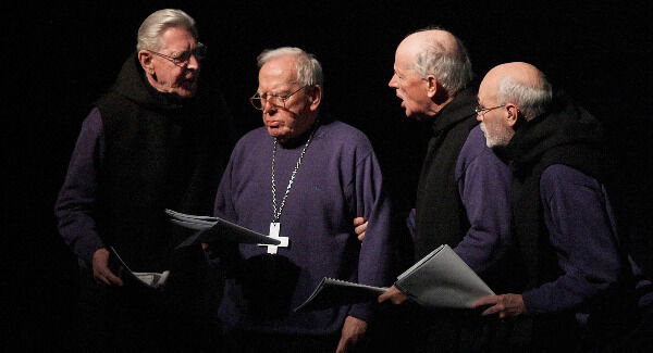 Michael Twomey Dan Donovan Brendan Fehily and Paddy Forde reading at the Launch of Dan Donovan, An Everyman's Life by Vera Ryan. Photo by Kevin McLoughlin March 10th 2008 Everyman Palace Theatre Cork.