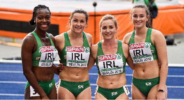 Gina Akpe-Moses, Phil Healy, Joan Healy and Ciara Neville of Ireland after competing in the Women's 4x100m Relay. Photo: Sam Barnes/Sportsfile