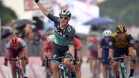 Watch as Sam Bennett crosses the line to win his second stage of Giro d'Italia