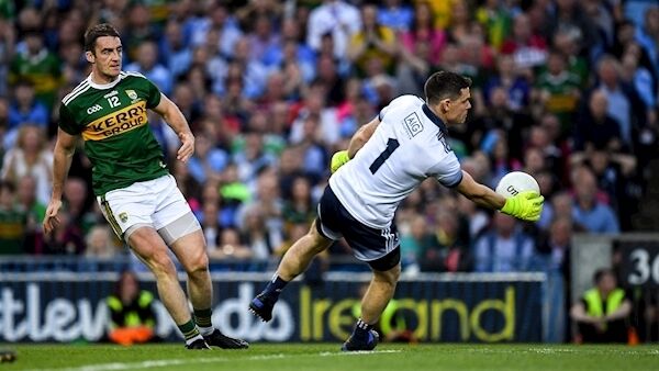 Stephen Cluxton of Dublin saves a shot from Stephen O'Brien of Kerry, in the 54th minute, during the GAA Football All-Ireland Senior Championship Final Replay match between Dublin and Kerry at Croke Park in Dublin. Photo by Ray McManus/Sportsfile