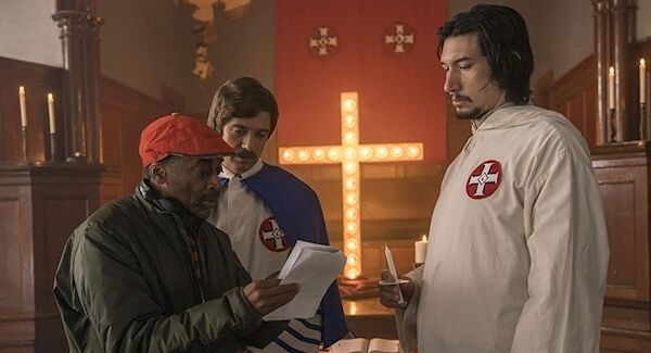 Spike Lee on the set of BlacKkKlansman with Topher Grace and Adam Driver