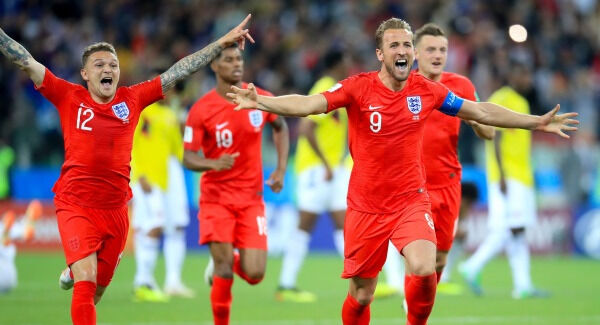 Kieran Trippier and Harry Kane celebrate the win over Colombia