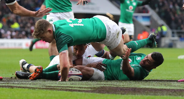 Ireland's Garry Ringrose scores his side's first try at Twickenham Stadium. Photo: Gareth Fuller/PA