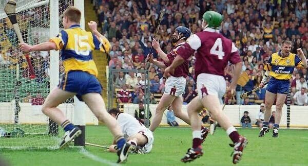 Niall Gilligan scores Clare’s first goal on their way to beating Galway in the 1999 All-Ireland quarter-final replay. Pic: Damien James