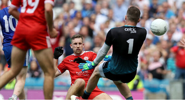 Tyrone’s Niall Sludden scores a goal. Photo:INPHO/Tommy Dickson