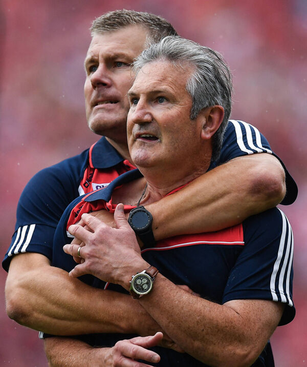 Kieran Kingston, right, and selector Diarmuid O&rsquo;Sullivan watch the final moments of Cork&rsquo;s Munster final win over Clare in June 2017. Picture: Brendan Moran.